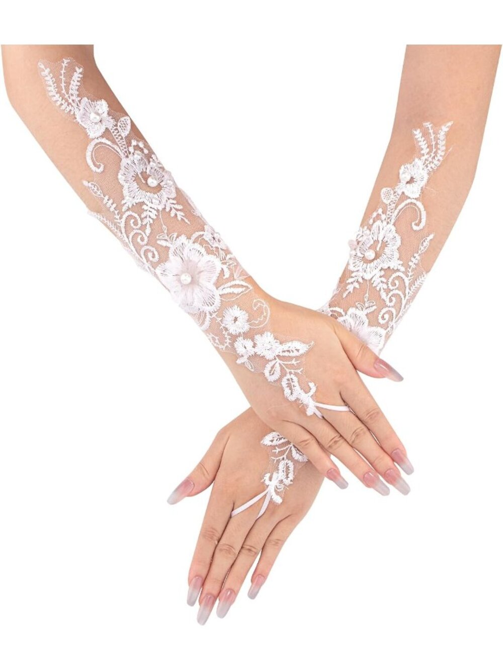 Women's White Style 2 pearl Fingerless Lace Party Elegant Wedding Bridal Gloves